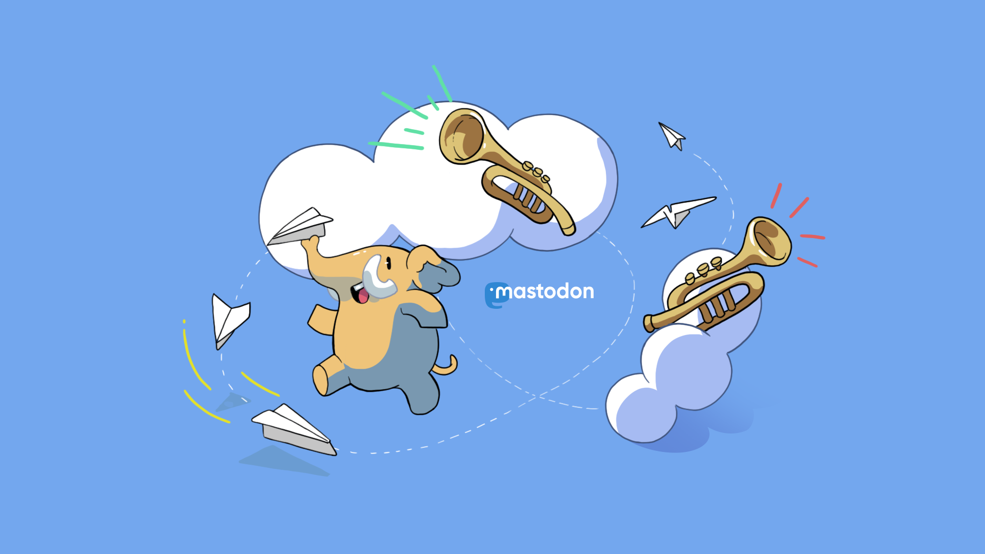 Mastodon mascot running around a cloud