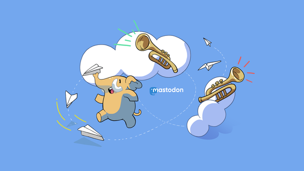 Mastodon mascot running around a cloud